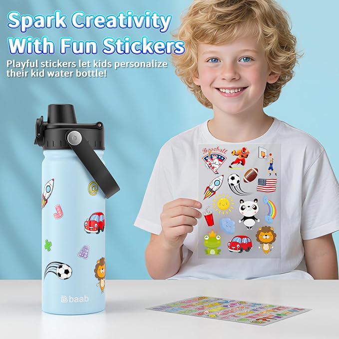 baab 18oz Kids Water Bottle, Insulated Kids Water Bottle with Lockable Spout Lid & Stickers, 18/8 Stainless Steel Vacuum Leakproof Kid Water Cup with Handle for Boy Girl & School (Light Blue, 1 Pack)