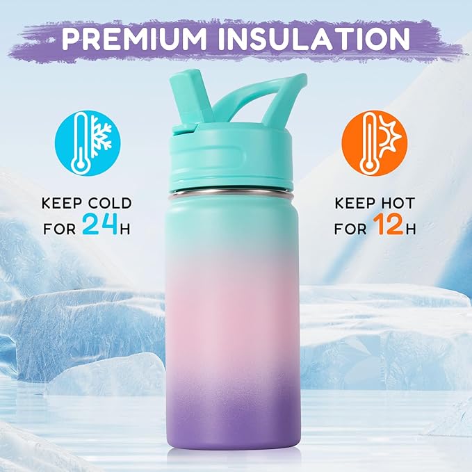 Fijinhom 12oz Water Bottle for School, Water Bottles with Straws, Insulated Water Bottles, Stainless Steel Vacuum Insulated Bottle, Leak-Proof, BPA-Free, Aurora + Bubble Gum