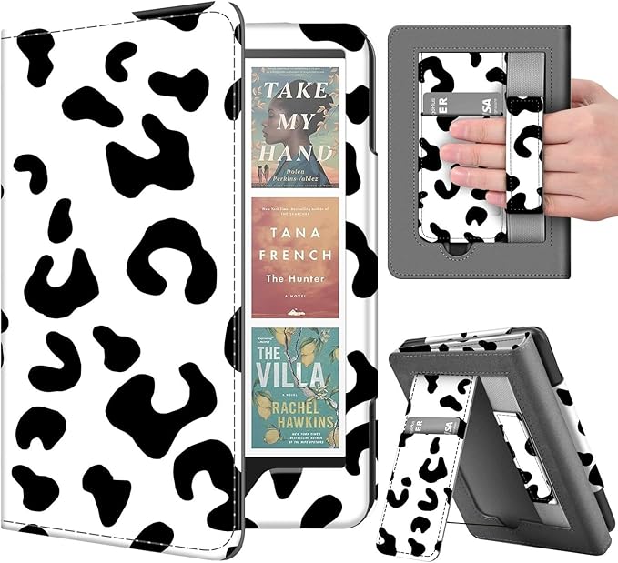 TNP Stand Case for Kindle Paperwhite 12th Generation 2024 / Kindle Colorsoft Signature Edition with Hand Strap & Card Slot - 7" PU Leather Protective Folio Cover with Auto Wake/Sleep, Cow Print