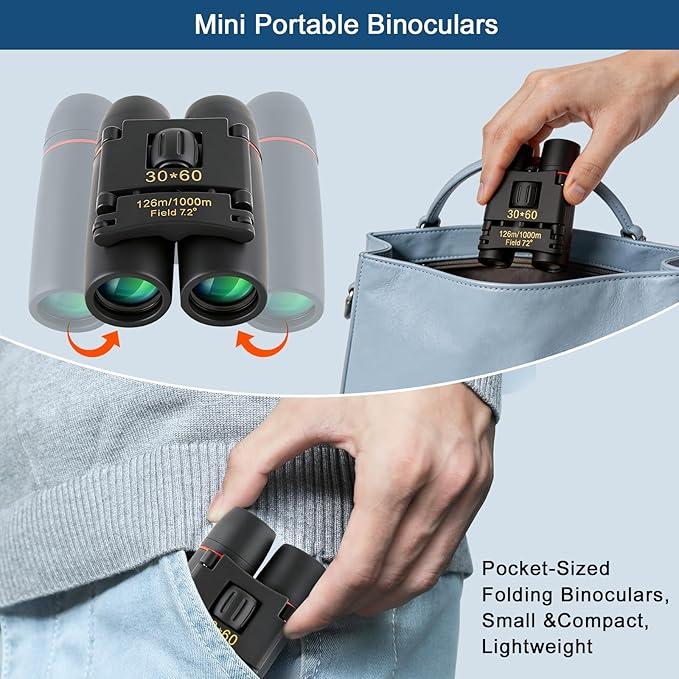 30x60 Mini Compact Binoculars for Adults Kids, HD Portable Waterproof Pocket Binoculars, Lightweight Folding Easy Focus for Bird Watching, Hunting, Concert, Theater, Travel Hiking Outdoor Sports