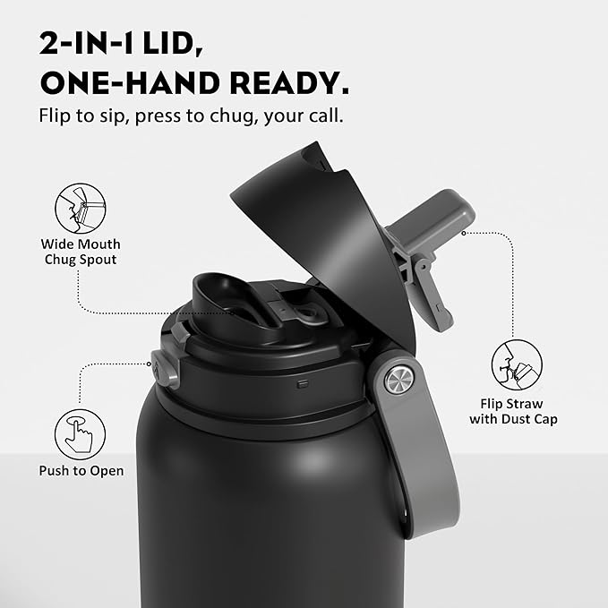 POWCAN 40 oz Insulated Water Bottle for Men: Push-Button Spout & Quick-Flip Straw, Leakproof, Cold for 24 Hrs, Stainless Steel Large Water Bottle for Sports, Camping, Trips, Outdoors (Midnight Black)