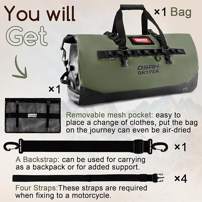 OSAH DRYPAK Waterproof Duffel Bag 25L/40L/60L – Heavy-Duty Motorcycle Tail Bag, Roll-Top Dry Bag for Travel, Camping, Boating, Kayaking, Outdoor Adventure