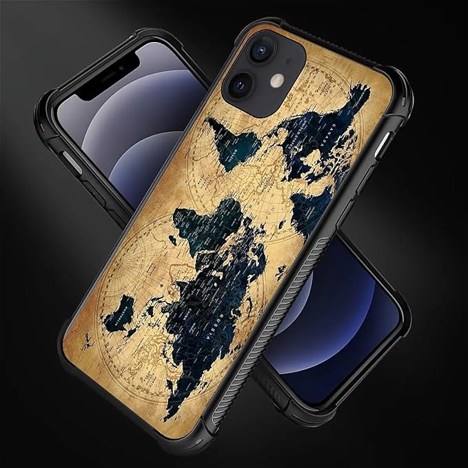 for iPhone 12 Mini Case, Brown World Map Pattern Made of Soft Silicone Hard Acrylic Shock Protection for iPhone 12 Mini