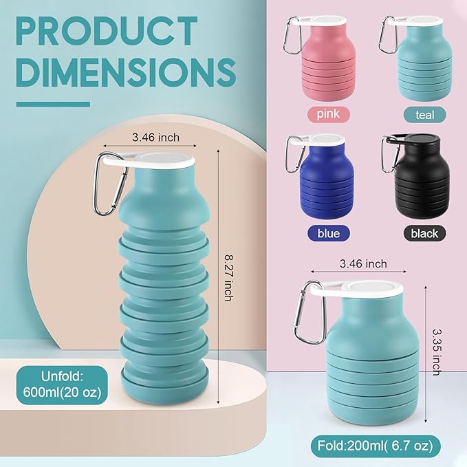 LemonRoad 4 Pcs 20 oz Portable Collapsible Water Bottles Reusable Silicone Foldable Water Bottle Lightweight Leakproof Expandable for Gym Traveling Camping Hiking Sports (Multicolor)