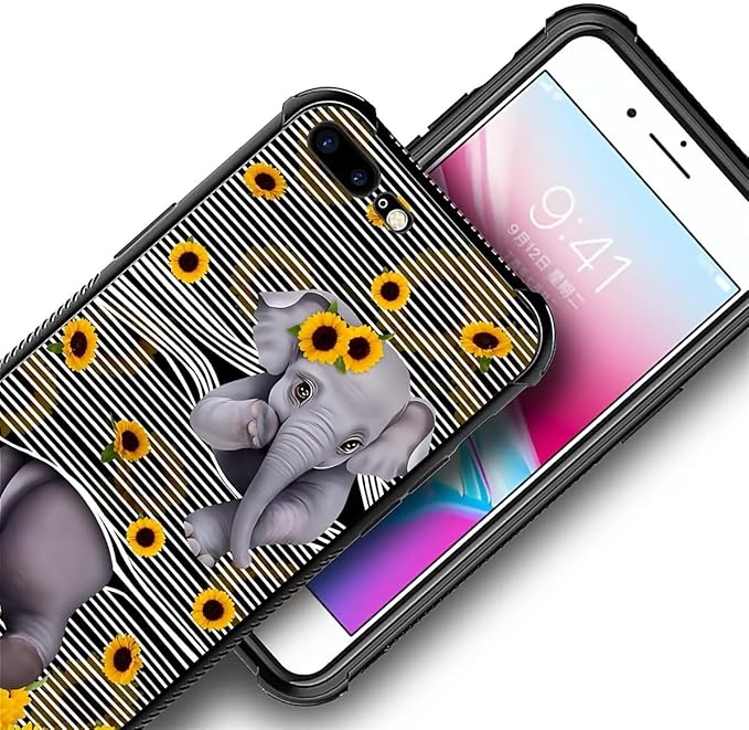 Case for iPhone 7 Plus/8 Plus, Cute Little Elephant Sunflower White Line Art Pattern, Soft Silicone Hard Acrylic for Shock Protection