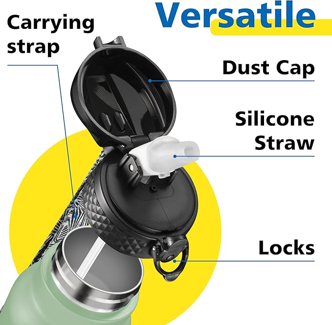 Han's Bottle Sports Water Bottle - 24 Oz, Straw Lid, Leak Proof, Vacuum Insulated Stainless Steel, Double Walled, Thermo Mug,Pine Green