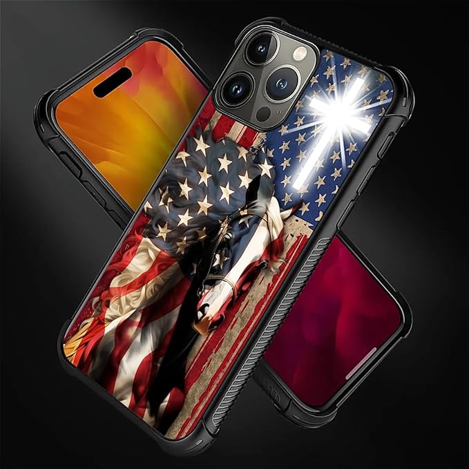for iPhone 16 Pro Max Case, Red American Flag Horse Cross Pattern Graphic Design Girl Boy Soft Silicone Hard Acrylic Shock Protection for iPhone 16 Pro Max