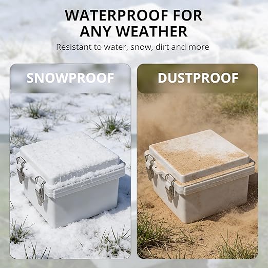 MAKERELE Small Waterproof Electrical Box Outdoor IP67 ABS Plastic Enclosure with Mounting Plate,Hinged Grey Cover,Wall Bracket,Stainless Steel Buckle and 1/4" NPT*2 (5.9"×3.9"×2.7")