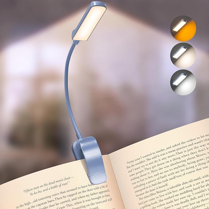 Glocusent 13 LEDs Book Lights for Reading at Night, 120 Hrs Runtime Rechargeable Reading Light, Eye Caring 3 Colors & 5 Stepless Dimming Brightness 3–60LM, Flexible Clip on Light for Book Lovers Kids