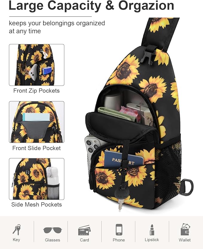 Pritent Crossbody Bags for Women Man Waterproof Sling Bag Backpack Trendy Casual Cross Body Bag with Convertible Shoulder Strap Chest Bag for Camping Hiking Travel Essentials (Sunflower, Medium)