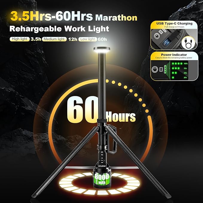 SYLSTAR 360° Rechargeable Work Light with Remote &Telescopic Stand (8.4Ft), 3000LM Ultra Bright, 8000mAh Battery, 3CCT Dimmable, Portable Camping Light for Jobsite Workshop Sports Emergencies(Black)