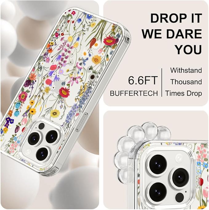 MOSNOVO Case for iPhone 15 Pro Max, [Buffertech 6.6ft Military-Grade Drop Protection] [Anti Peel Off Tech] Clear TPU Bumper Phone Case Cover Design - Wildflower Meadow
