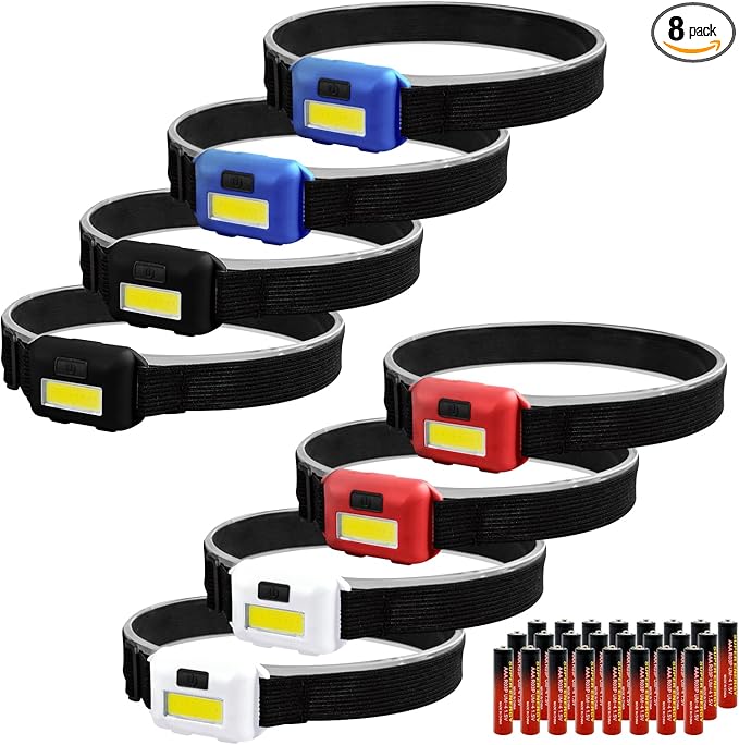 8 Pack Led Headlamp for Adults and Kids, 1.1oz/31g COB Flood Light Ultra Bright Head Lamp with 3 Modes 24 AAA Batteries, Waterproof Work Flashlight for Family Camping Running Reading Hiking