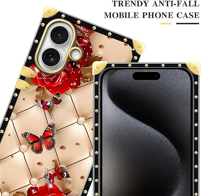 for iPhone 17 Case Luxury Golden Decoration for Girl Women Soft TPU Shockproof Protective Hard PC Back for iPhone 17 Crazy Pattern Shining Red Rose Butterfly Leather Background
