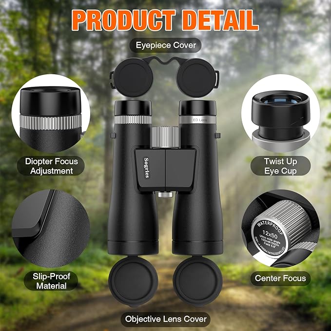 12x50 ED Binoculars for Adults-Professional Roof Prism,HD Optical System Non-Slip Grip, IPX7 Waterproof,High Power BAK4 Prism SMC Lens Binoculars for Bird Watching Travel