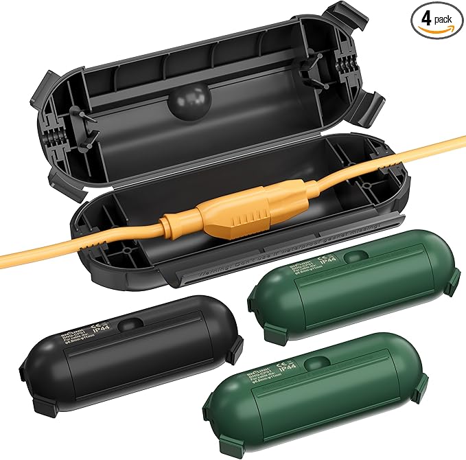 BN-LINK [4-Pack] Outdoor Extension Cord Safety Cover, Weather Resistant Seal Housing with 4 Latches, Electrical Connection Box for Outside Plugs, Soclets, String Lights & Tools (2PK Black&2PK Green)