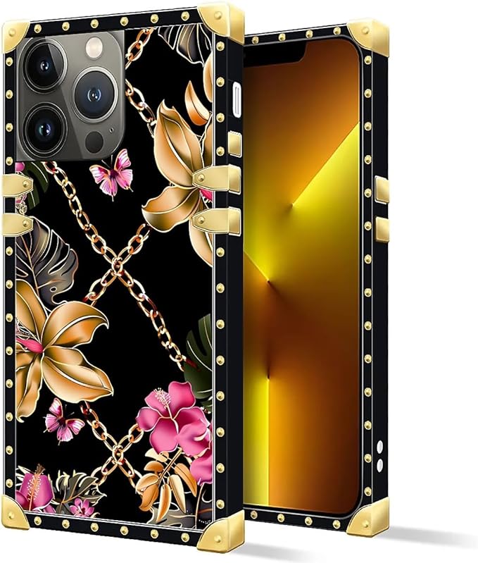 Compatible with iPhone 13 Pro Case, Pink Golden Chain Tropical Flower Luxury Golden Decoration for Girl Women Soft TPU Shockproof Protective Hard PC Back for iPhone 13 Pro