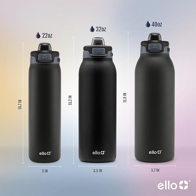 Ello Pop & Fill 22oz Stainless Steel Water Bottle with Quick Fill Technology, Double Walled and Vacuum Insulated Metal, Leak Proof Locking Lid, Sip and Chug, Reusable, BPA Free, Tonal Black