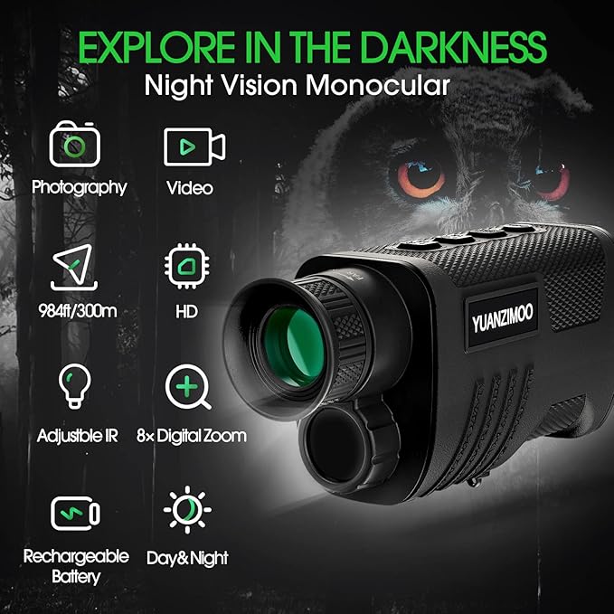 Upgraded Night Vision Monocular Digital Infrared Monocular Telescope for 100% Darkness with 8X Zoom 2000mAh Rechargeable Battery Tripod 32 GB SD Card & Card Reader, for Adult Hunting Camping