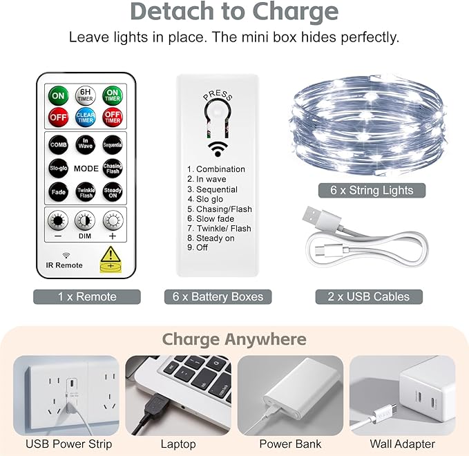 6 Pack Rechargeable Fairy Lights with Remote & DIY Timer, 7ft 20LED Dimmable Silver Wire String Light for Mason Jar, Mini Twinkle Lights for Indoor Christmas Bedroom Wedding Decor, White