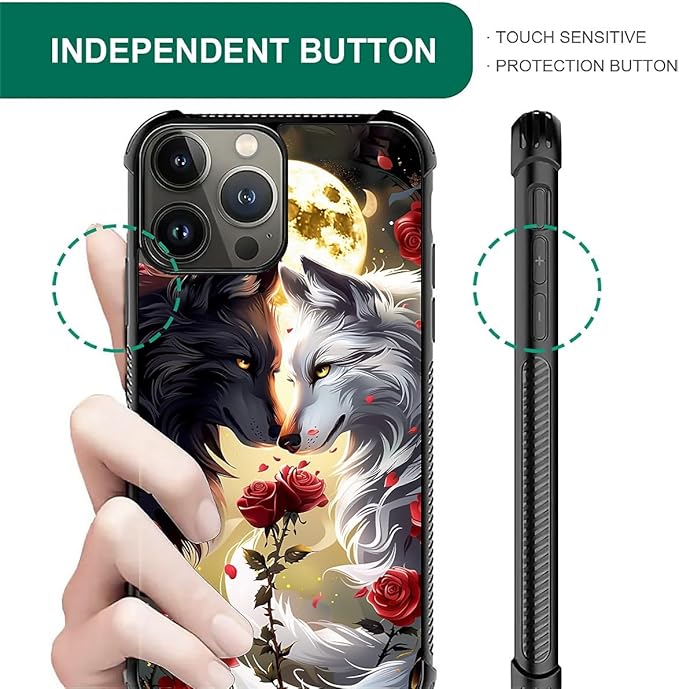 for iPhone 15 Pro Case, Black White Wolf Moon Flower Rose Pattern Graphic Design Girl Boy Soft Silicone Hard Acrylic Shock Protection for iPhone 15 Pro