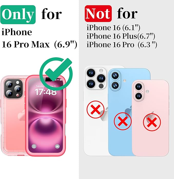Cozycase for iPhone 16 Pro Max Case Waterproof - 360 Heavy Duty with Screen/Camera Protector Shockproof IP68 Underwater Dustproof Water Shock Proof Full Body/Front and Back Case Pink/Frosted Clear