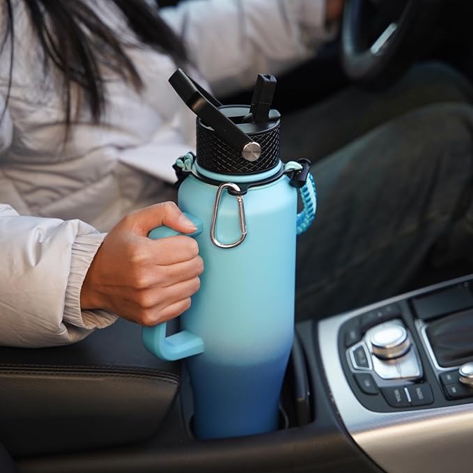 BJPKPK Insulated Water Bottles with Straw Lid, 40oz Metal Water Bottle with 2 lids & Paracord Strap, Double Wall Stainless Steel Tumbler with Handle, Reusable Cups, Mugs, Thermo, Sky