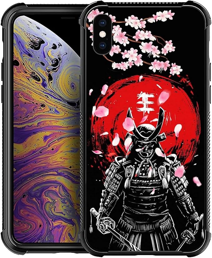 for iPhone Xs Max Case, Sakura Japanese Samurai Pattern Graphic Design Girl Boy Soft Silicone Hard Acrylic Shock Protection for iPhone Xs Max