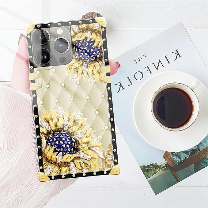 Compatible with iPhone 13 Pro Case, Sunflower Diamonds Leather Luxury Golden Decoration for Girl Women Soft TPU Shockproof Protective Hard PC Back for iPhone 13 Pro