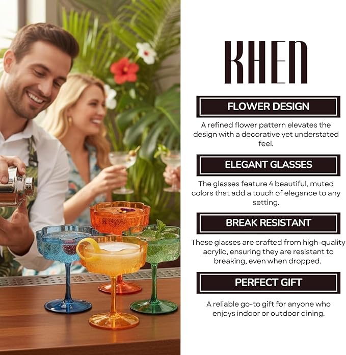 Khen Shatterproof Acrylic Flower Wavy Vintage Art Deco Martini, Champagne & Cocktail Muted Pastel Color Plastic Tritan Coupe Glasses | 4 Set | 8.5oz Glassware Classic Cocktail Indoor & Outdoor Set