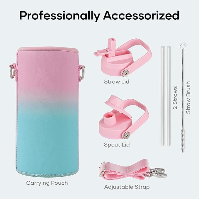 BUZIO 32 oz Water Bottle Insulated, Leakproof Stainless Steel Flask (Cold for 48 Hrs), Wide Mouth BPA-Free Metal Thermo Hydro Canteen with 2 Lids, Bubble Gum
