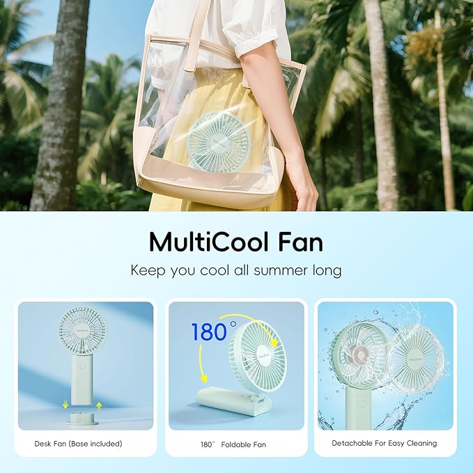 HandFan Upgraded 10,000 mAh Quiet Handheld Fan - 4.5 Inch Large Hand Held Fans Reahargeable, 180° Foldable Portable Fan [30 Working Hours] with Lanyard, Base for Disney/Travel/Concerts/Beach/Office