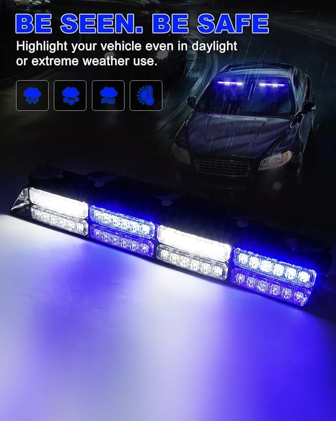 HLauto 6Z4J Emergency Dash Strobe Lights: 2x16.8 inch Blue White Safety Lights, 48 LED Flashing Warning Hazard Interior Windshield Visor Traffic Light Bar for Trucks, Construction Vehicles