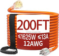 200 FT 12 Gauge Extension Cord Outdoor, Heavy Duty Weatherproof & Flame Retardant Orange 3 Prong Power Cord with Light, Outside for Lawn & Garden, 13 Amps 1625 Watts 125 VAC 12AWG SJTW, ETL Listed