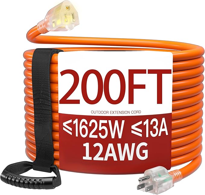200 FT 12 Gauge Extension Cord Outdoor, Heavy Duty Weatherproof & Flame Retardant Orange 3 Prong Power Cord with Light, Outside for Lawn & Garden, 13 Amps 1625 Watts 125 VAC 12AWG SJTW, ETL Listed