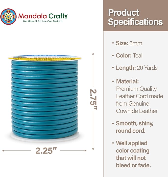 Mandala Crafts Round Genuine Teal Leather Cord for Jewelry Making – 3mm Cowhide Leather Rope String Lace for Kumihimo – 20 Yards Cowhide Craft Cording Spool