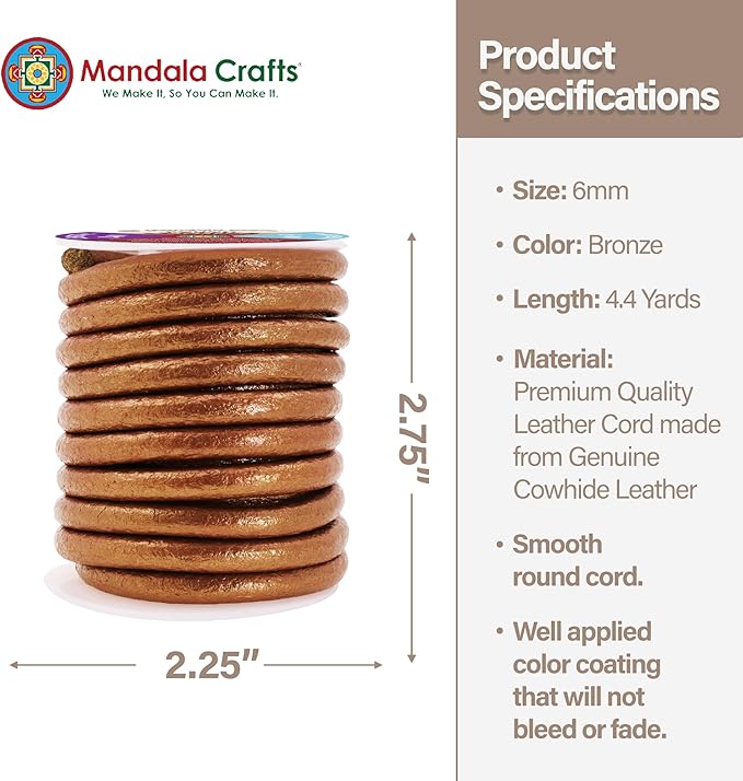 Mandala Crafts Round Genuine Bronze Leather Cord for Jewelry Making – 6mm Cowhide Leather Rope String Lace for Kumihimo – 4.4 Yards Cowhide Craft Cording Spool