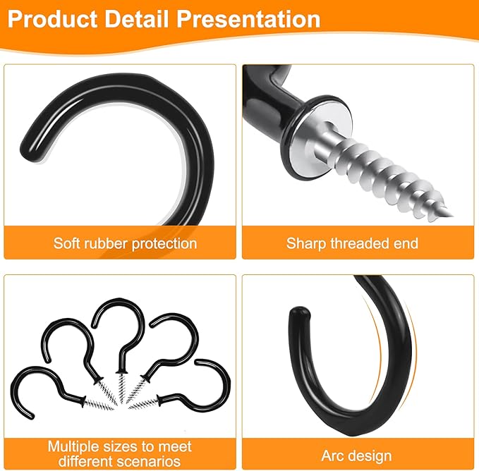 Cup Screw Hooks,1 inch Vinyl Coated Ceiling Hooks,100 Pack Screw in Hook,Wind Chimes Hook Kitchen Cup Hook Great for Hanging Indoor & Outdoor Use(Black)