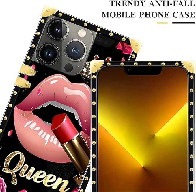 Compatible with iPhone 13 Pro Max Case, Glitter Red Rose Queen Leopard Lipstick Luxury Golden Decoration for Girl Women Soft TPU Shockproof Protective Hard PC Back