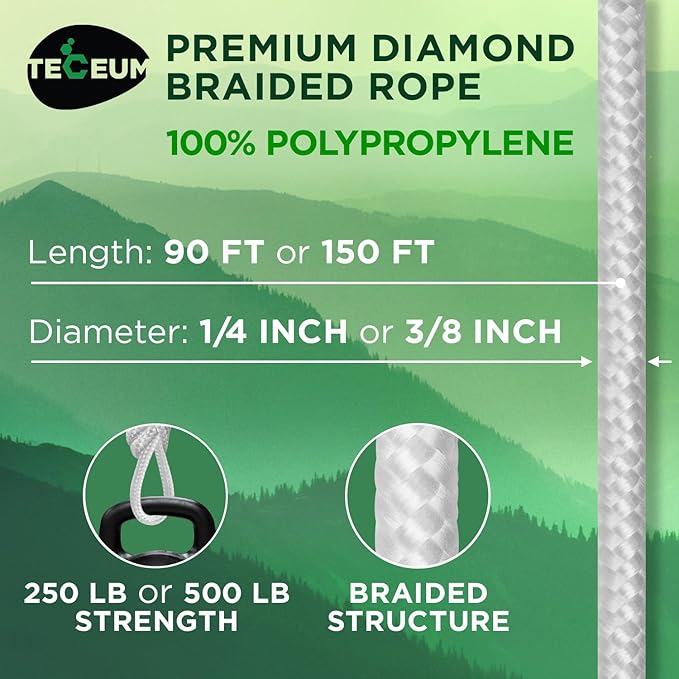 TECEUM Clothes Line & Flag Pole Rope – 1/4” & 3/8” – 90 FT | 150 FT – Strong All-Purpose Utility Rope – Camping, Crafting, Indoor & Outdoor – Polypropylene Nylon Lightweight Diamond Braided Cord White