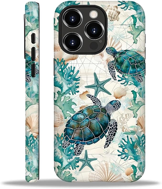 for iPhone 16 Pro Max Case,HH2 Ocean Sea Turtle Nautical Map Hybrid 2 Layer Hard Shell Silicone Protective Pattern Design Case