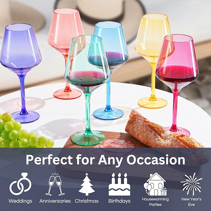 European Style Plastic Crystal Unbreakable Stemmed Wine Glasses | Set of 12 | Acrylic Glasses Tritan Bright Colors Shatterproof BPA-free, Outdoor, Pool, Indoor, Hand Wash 17oz Gift, Everyday & Holiday