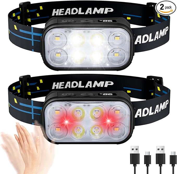 8 LED Headlight Rechargeable 2 Pack with Motion Sensor, 12 Mode Bright Headlight with White Red Light for Adults，IPX6 Waterproof for Outdoor Camping Running Hiking Fishing