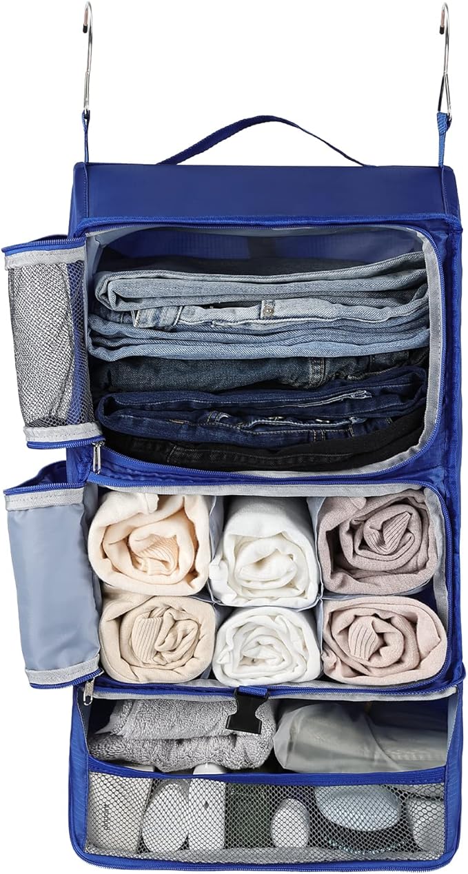 Surblue Hanging Shelves Travel Storage Bag Compression Packing Cube for Suitcase Collapsible with Extension Layer Large Capacity, Blue,XL