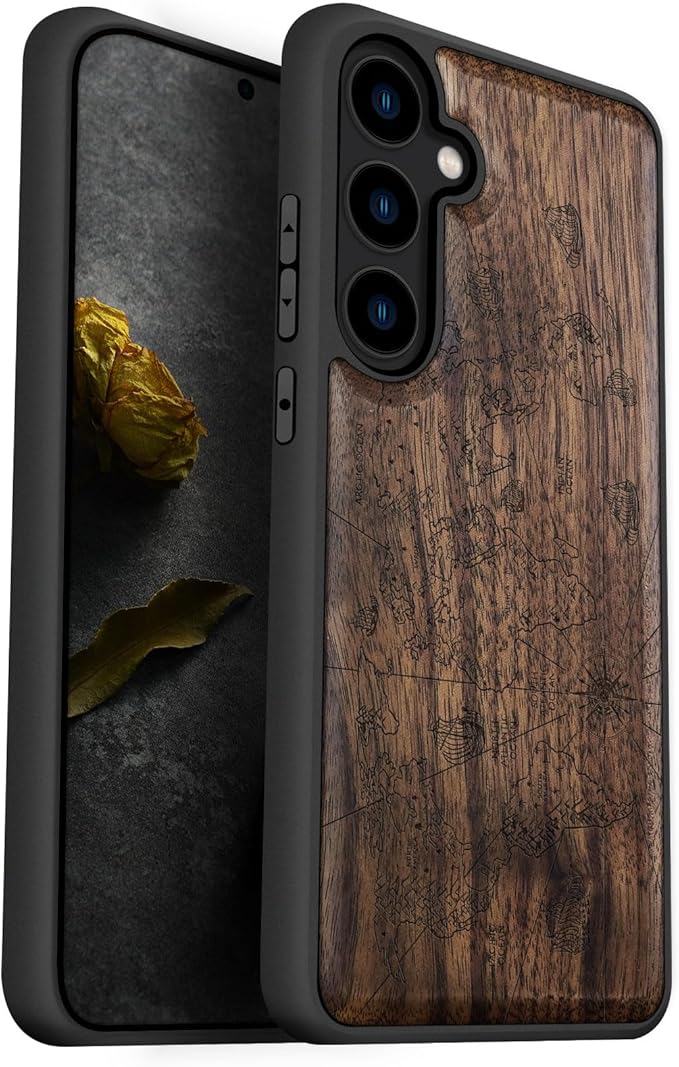 Carveit Wood Case for Galaxy S24 Plus Case [Natural Wood & Black Soft TPU] Shockproof Protective Cover Unique Wooden Design Compatible with S24 Plus (World Map-Walnut)