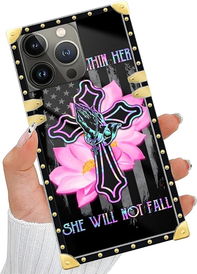 Compatible with iPhone 15 Pro Max Case, Praying Cross Hands Luxury Golden Decoration for Girl Women Soft TPU Shockproof Protective Hard PC Back for iPhone 15 Pro Max