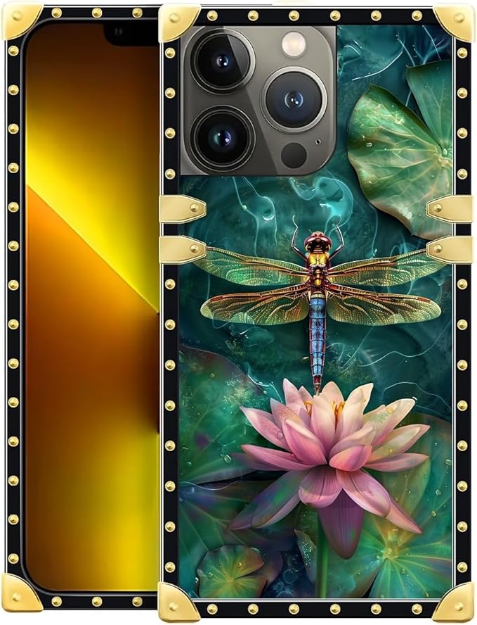 Compatible with iPhone 13 Pro Case, Colourful Dragonfly Pink Lily Pads Luxury Golden Decoration for Girl Women Soft TPU Shockproof Protective Hard PC Back for iPhone 13 Pro