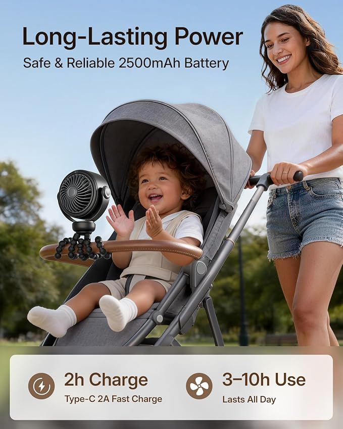 SWEETFULL Portable Stroller Fan, Pinch-Proof Baby Fan, 10H Battery, 5-Speed Quiet Mini Clip on Fan, USB-C Rechargeable with LED Display for Car Seat, Crib & Travel - Black
