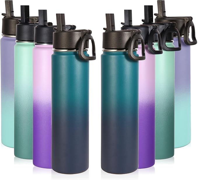 Volhoply 24oz Insulated Water Bottle With Straw Bulk 8 Pack,Metal Wide Mouth Water Bottles With Handle Keep Cold,Reusable Double Wall Cups,Powder Coated Sport Bottle For Holder(Assorted,8 count)