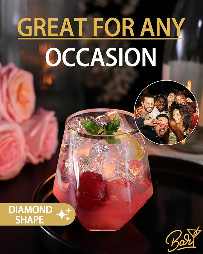 Maaacute 40 Pcak Plastic Stemless Wine cocktail Whiskey Champagne Glasses, 12 Oz Gold Rim Disposable Clear Unbreakable Cups for Party Bars Wedding Tasting (Diamond-shaped)